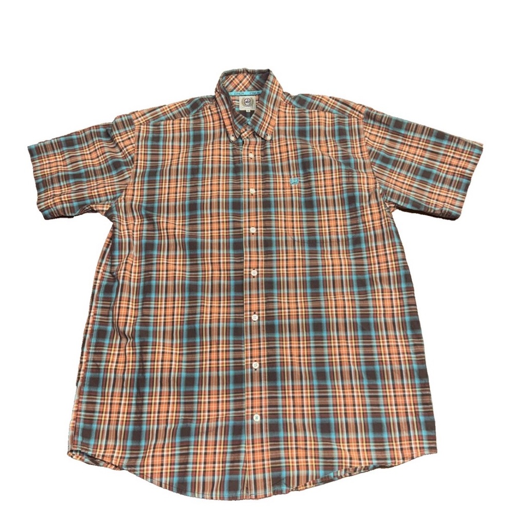 Cinch Teal Orange Plaid Size Small Short Sleeve Button Down Western Cowboy Rodeo